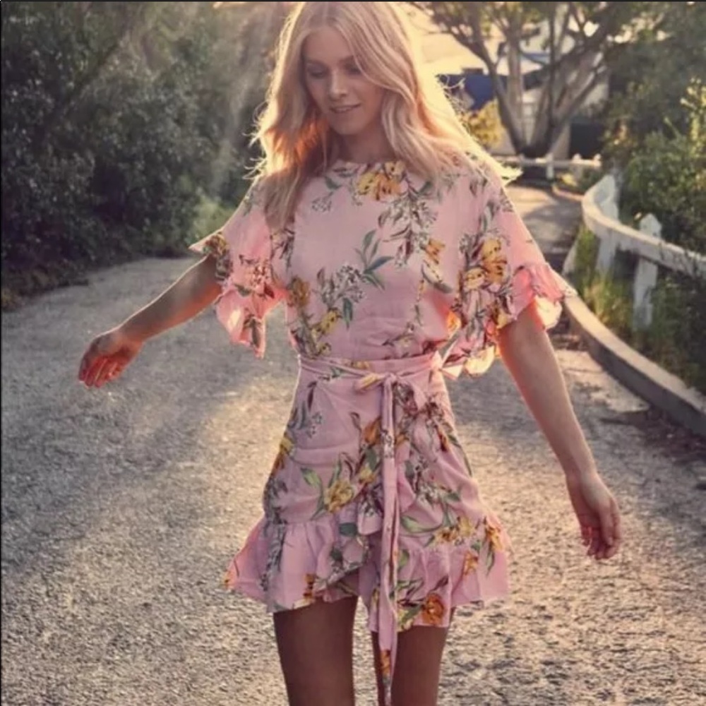 Pink Floral Mini Tokyo Ruffle Wrap Dress
